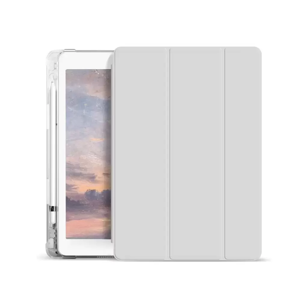 XPRO™ Smart Book tok pencil tartóval és teljesen átlátszó szilikon hátlappal szürke Apple Ipad 10,9″ (2022) 10. generációs készülékhez
